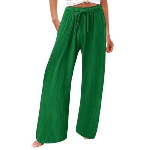 Womens Elastic High Waisted Boho Linen Palazzo Pants with Pockets