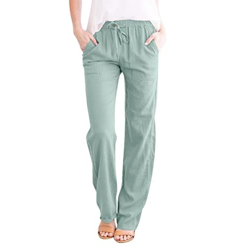 DINEVE High-Waisted Drawstring Joggers - Plus Size Wide Leg Linen Pants