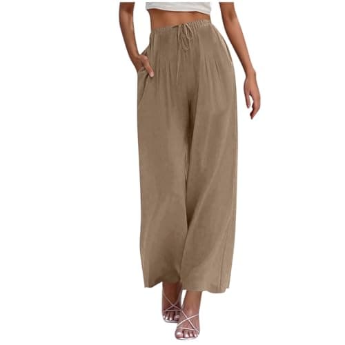 Yxzogd Women's Wide Leg Linen Pants with Pockets High Waist Drawstring Casual Fit