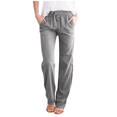 DINEVE High-Waisted Drawstring Joggers - Plus Size Wide Leg Linen Pants
