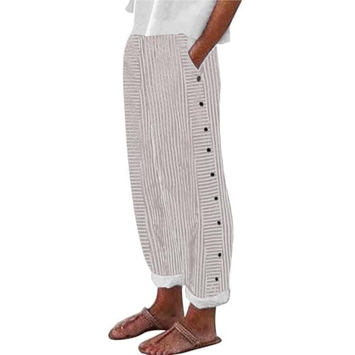 Generic Women's Straight Leg Stripe Cotton Linen Pants