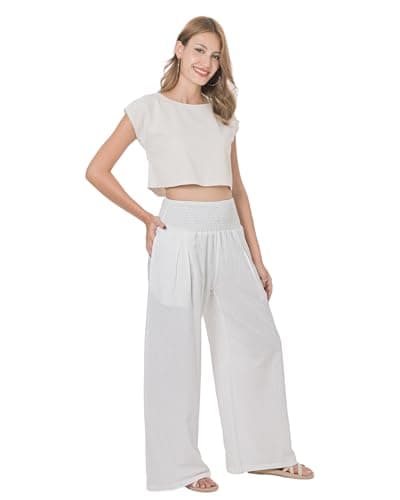 LOFBAZ Women's Summer High-Waisted Flowy Linen Palazzo Pants with Pockets