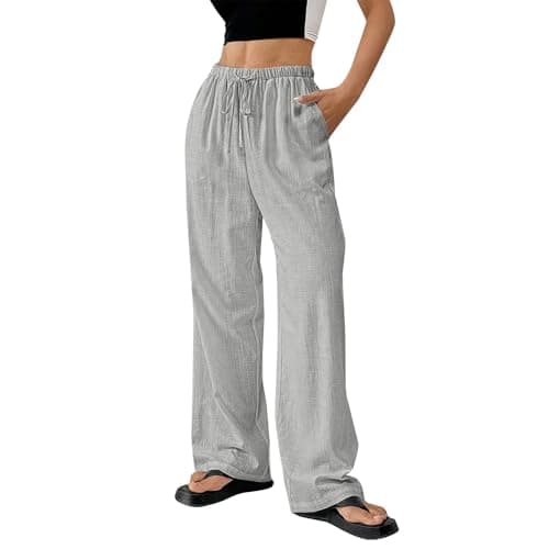 DINEVE Women's Summer Wide Leg High Waist Drawstring Pants Plus Size Linen Lounge