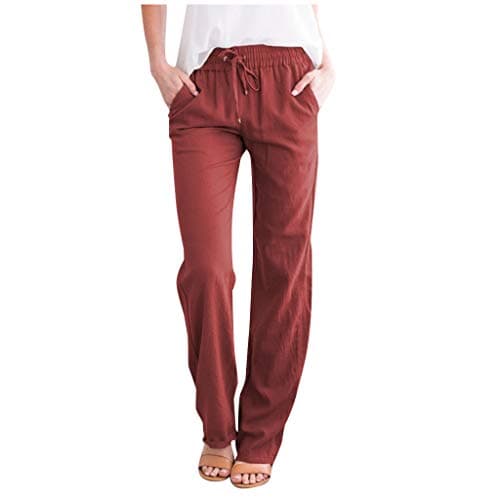 DINEVE High-Waisted Drawstring Joggers - Plus Size Wide Leg Linen Pants