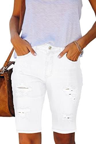 Metietila Women's Ripped Mid-Rise Denim Bermuda Shorts