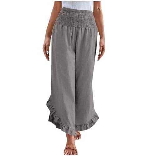 Yxzogd Women's Stretch Smocked Wide Leg Linen Palazzo Pants Ruffle Hem Summer Trousers