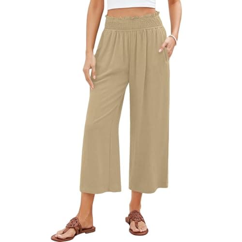 Elastic Smock Waist Wide Leg Cotton Linen Palazzo Pants for Women Summer Beach