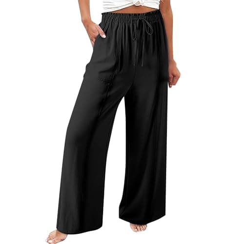 Elastic Waist Palazzo Pants with Pockets | Women's Cotton Linen Wide Leg Lounge Pants