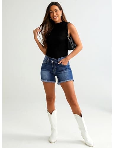 Luvamia Women's Low Waisted Trendy Denim Shorts Casual Summer Raw Hem