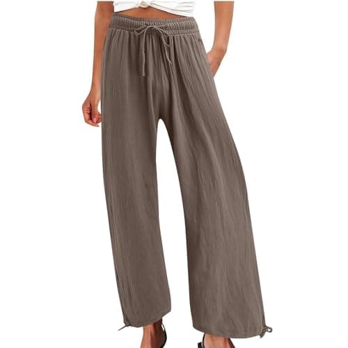 Summer Women's Linen Wide Leg Drawstring Pants with Pockets