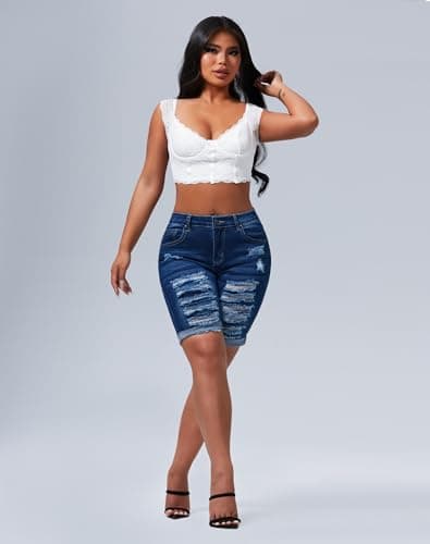 Rosswear Women's Ripped Stretch Mid-Rise Denim Bermuda Shorts
