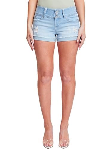 YMI Women's Junior Wannabettabutt 3-Button Mid-Rise Cuffed Jeans Shorts