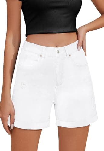 Metietila Women's High-Waisted Folded Hem Stretch Denim Shorts