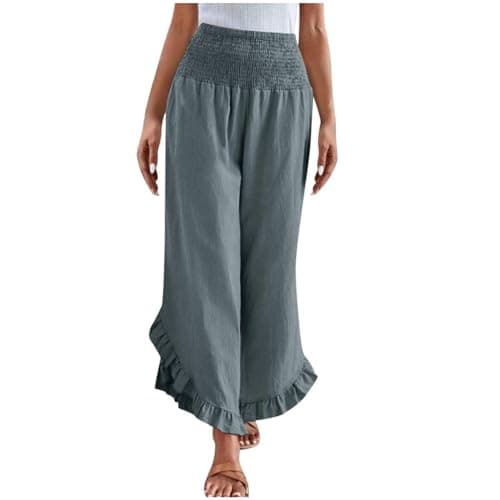 Yxzogd Women's Stretch Smocked Wide Leg Linen Palazzo Pants Ruffle Hem Summer Trousers