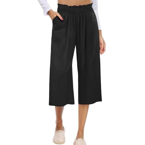 Elastic Smock Waist Wide Leg Cotton Linen Palazzo Pants for Women Summer Beach