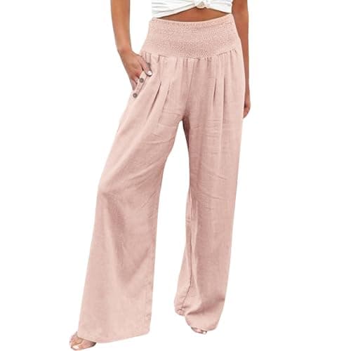 GOKKILRW Women's Linen Palazzo Pants Wide Leg High Waist Boho Summer Travel Trouser