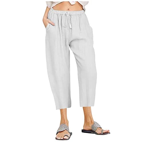 Itsame Women's Summer Cotton Linen Drawstring Capri Pants