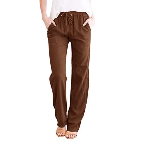 DINEVE High-Waisted Drawstring Joggers - Plus Size Wide Leg Linen Pants