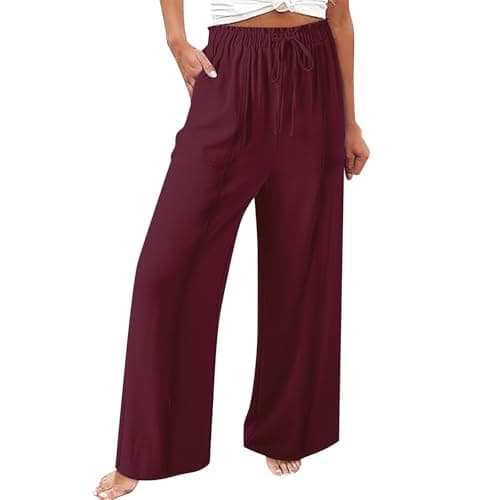 Elastic Waist Palazzo Pants with Pockets | Women's Cotton Linen Wide Leg Lounge Pants