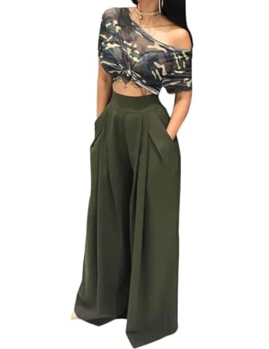 Adilaca Women's Wide Leg Pants - Flowy High Waisted Casual Palazzo