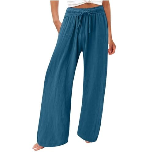 Womens Elastic High Waisted Boho Linen Palazzo Pants with Pockets
