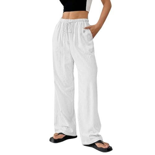 DINEVE Women's Summer Wide Leg High Waist Drawstring Pants Plus Size Linen Lounge