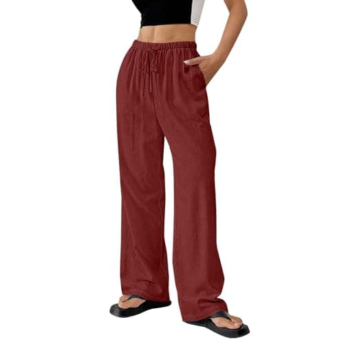 DINEVE Women's Summer Wide Leg High Waist Drawstring Pants Plus Size Linen Lounge