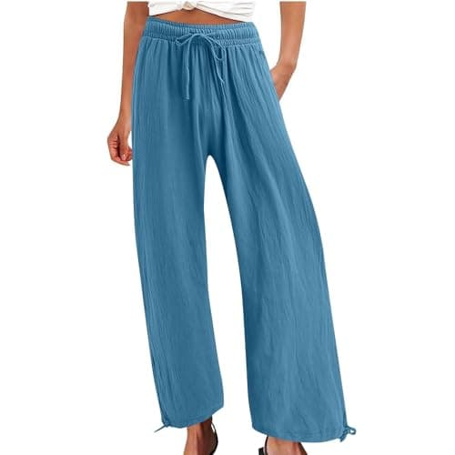 Summer Women's Linen Wide Leg Drawstring Pants with Pockets