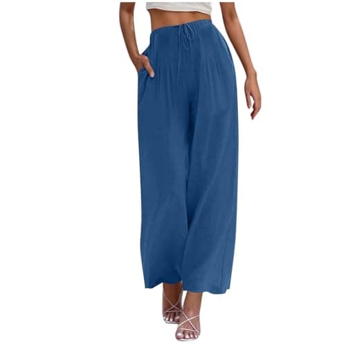 Yxzogd Women's Wide Leg Linen Pants with Pockets High Waist Drawstring Casual Fit