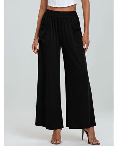 GRAPENT High-Waisted Smocked Elastic Waist Wide Leg Pants