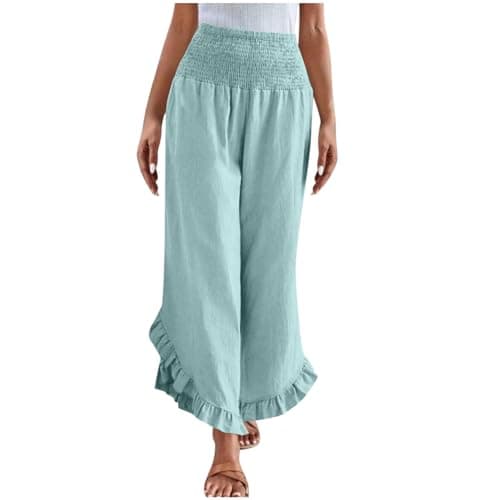 Yxzogd Women's Stretch Smocked Wide Leg Linen Palazzo Pants Ruffle Hem Summer Trousers