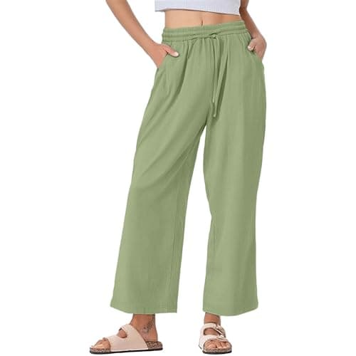 Trendy Women's Wide Leg Linen Pants with Elastic Waistband