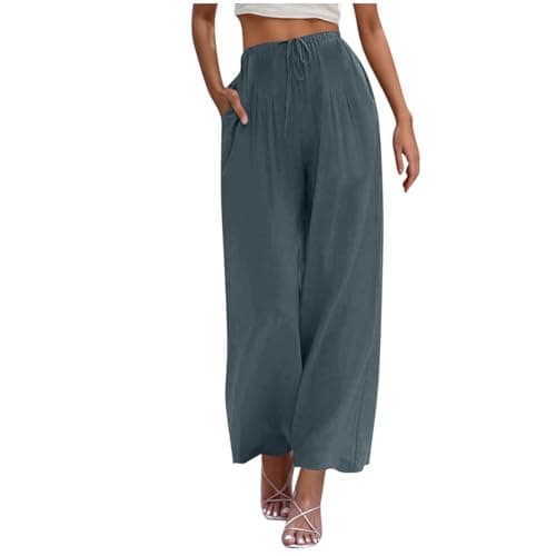 Yxzogd Women's Wide Leg Linen Pants with Pockets High Waist Drawstring Casual Fit