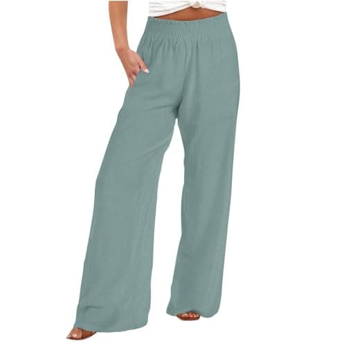 DASAYO Smocked High-Waisted Linen Palazzo Pants with Pockets