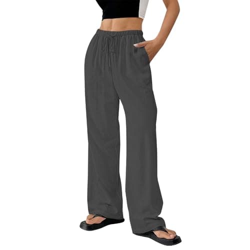 DINEVE Women's Summer Wide Leg High Waist Drawstring Pants Plus Size Linen Lounge