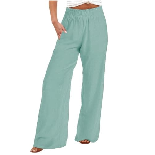 DASAYO Smocked High-Waisted Linen Palazzo Pants with Pockets