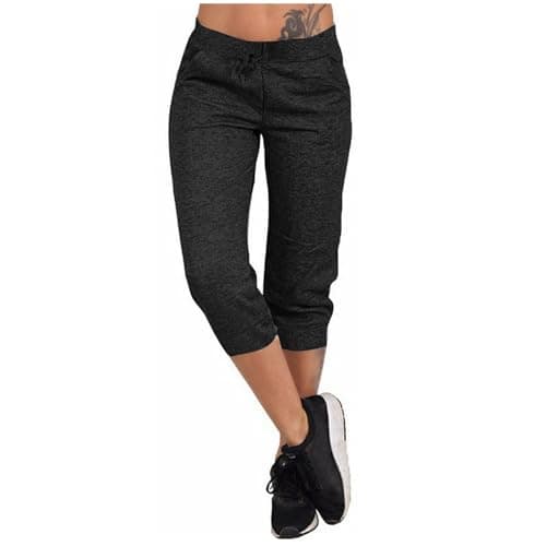 2024 Summer High Waisted Drawstring Capri Pants for Women Elastic Polyester