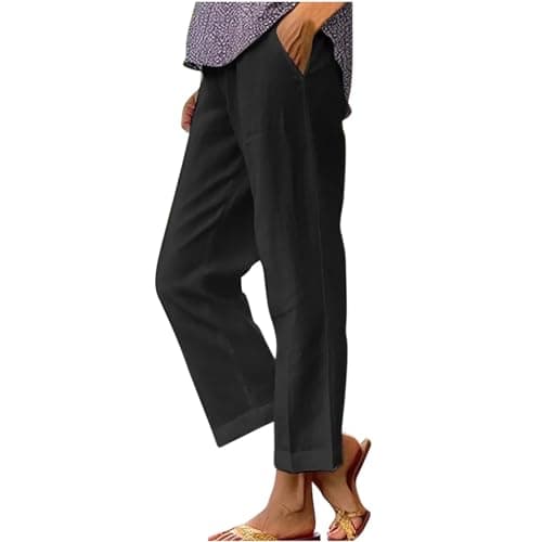2024 Women's High Waisted Crop Linen Pants Solid Comfy Casual