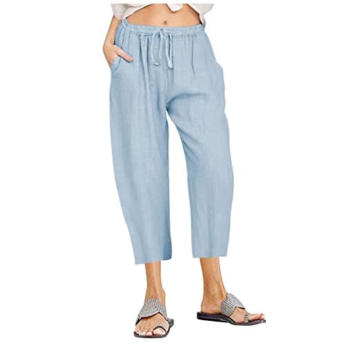 Itsame Women's Summer Cotton Linen Drawstring Capri Pants