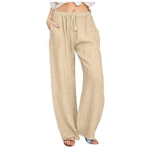 Yxzogd Women's Wide Leg Elastic Drawstring Linen Pants with Pockets