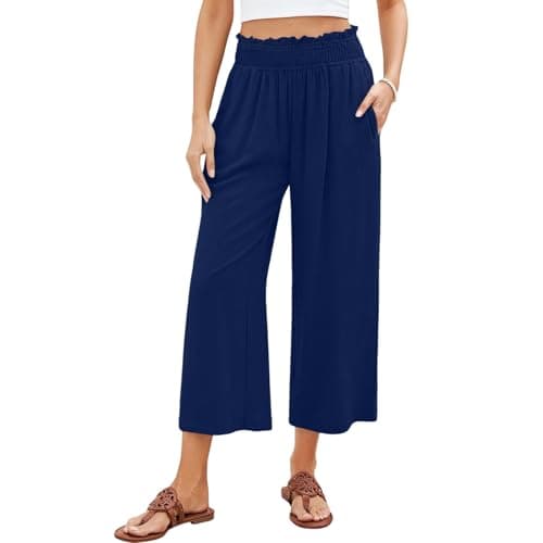 Elastic Smock Waist Wide Leg Cotton Linen Palazzo Pants for Women Summer Beach