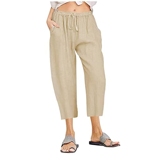 Itsame Women's Summer Cotton Linen Drawstring Capri Pants
