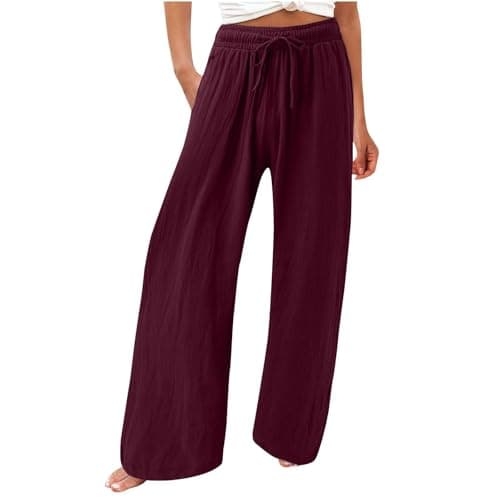 Womens Elastic High Waisted Boho Linen Palazzo Pants with Pockets