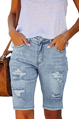 Metietila Women's Ripped Mid-Rise Denim Bermuda Shorts