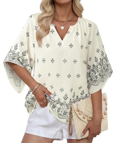 Bebonnie Women's Bohemian 3/4 Sleeve V-Neck Tunic Tops