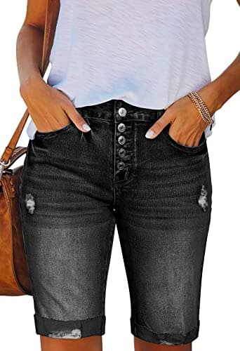 HUUSA Women's High Waist Ripped Denim Mid-Thigh Shorts with Pocket