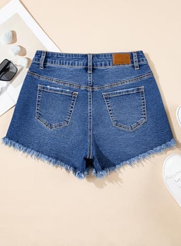 Sidefeel Women's High-Waisted Stretch Raw Hem Denim Shorts