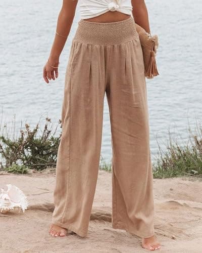 GLIENST Women's High Waisted Smocked Linen Palazzo Pants with Pockets S-2XL