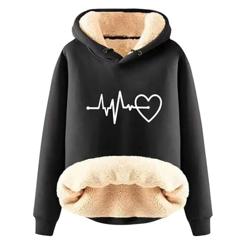 Warm Heart Print Fleece Hoodie for Women Winter Casual Pullovers