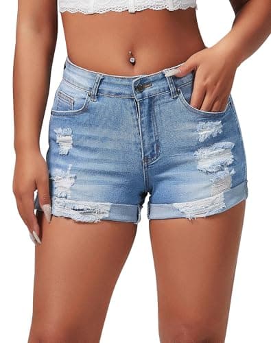 Rosswear Women's Stretchy Ripped Denim Shorts Summer Mid Rise Butt LiftingJean Shorts